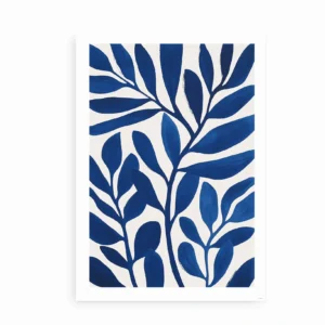 Fritlagt plakat med blåt botanisk motiv på hvid baggrund