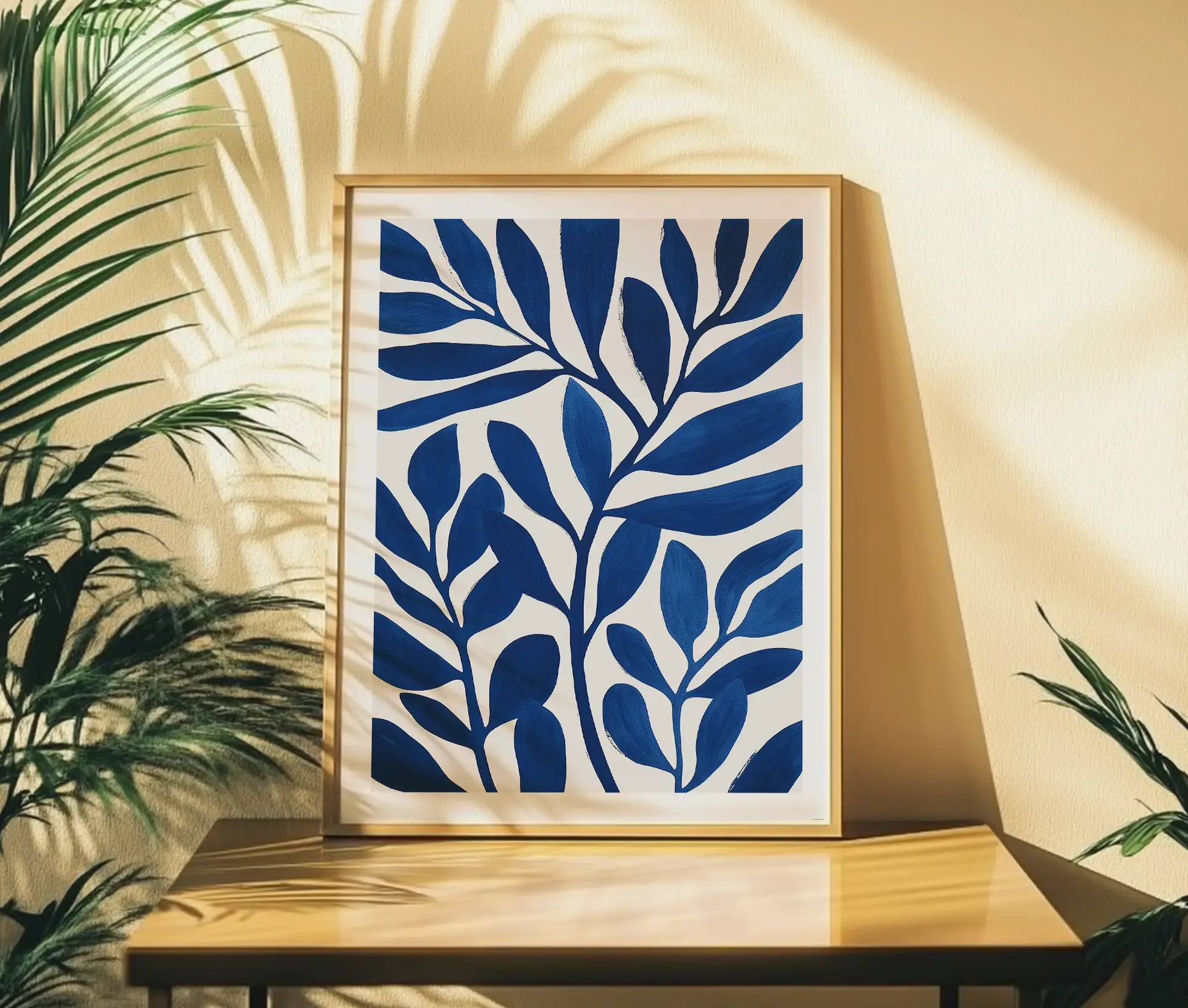 Plakat med blåt bladmotiv placeret i naturligt lys
