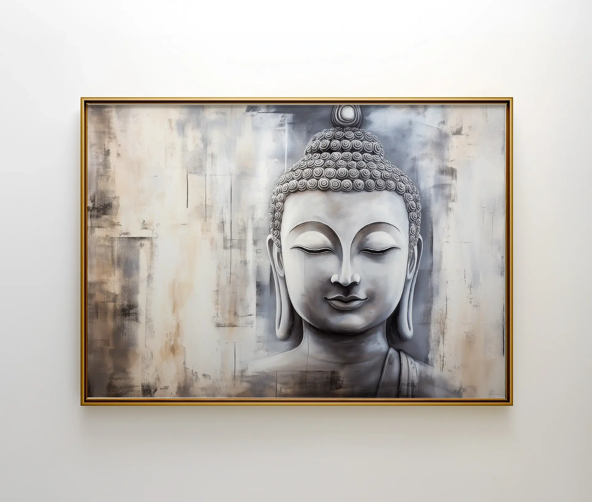 Buddha plakat ophængt i gylden ramme på lys væg