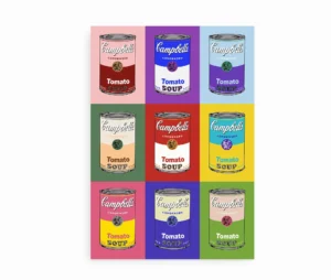 Fritlagt Pop Art plakat med ni Campbell’s tomatsupper