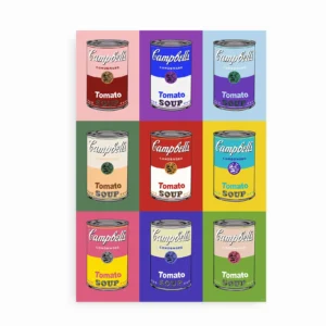 Fritlagt Pop Art plakat med ni Campbell’s tomatsupper