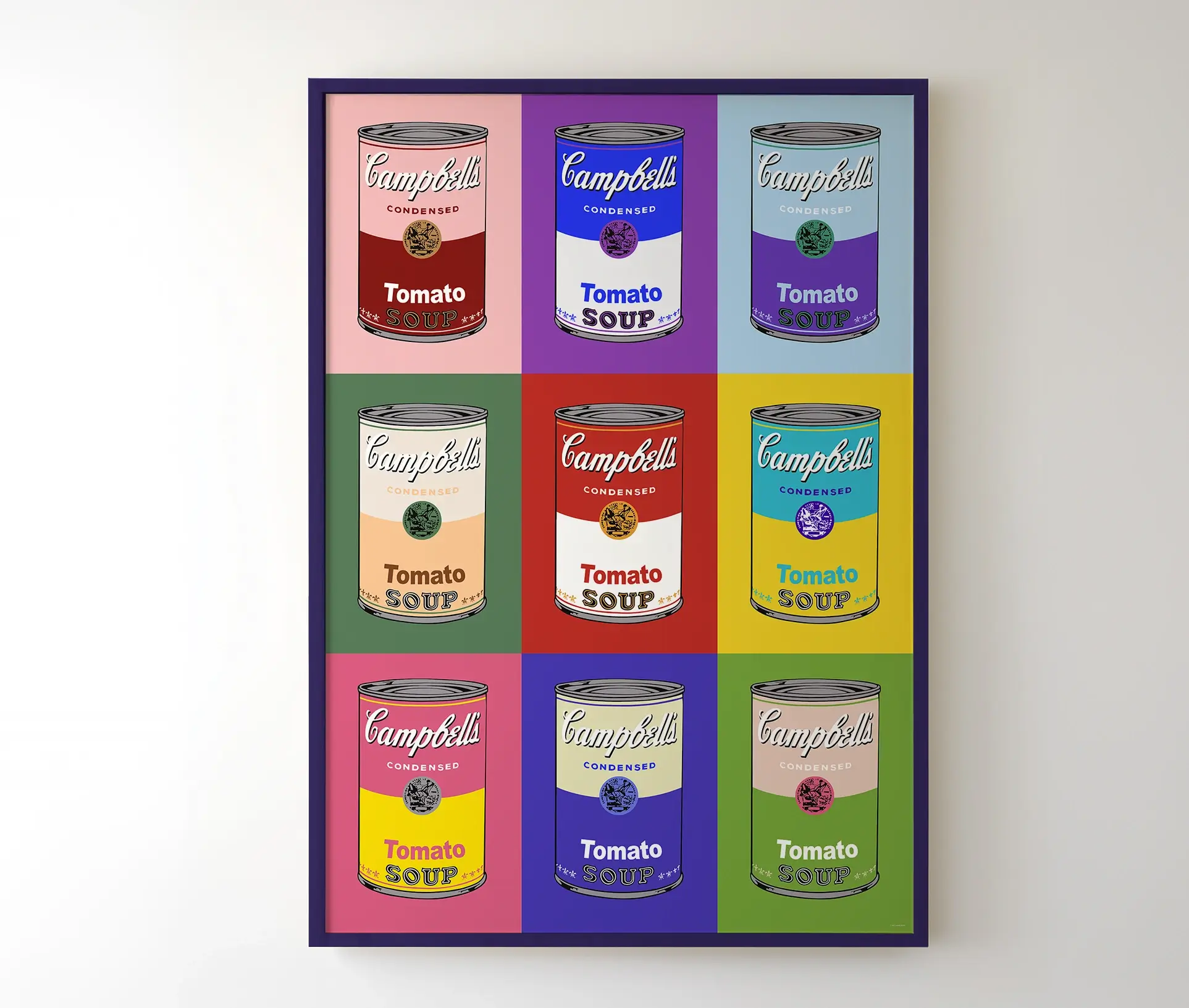 Indrammet Pop Art plakat med Campbell’s tomatsupper i farver