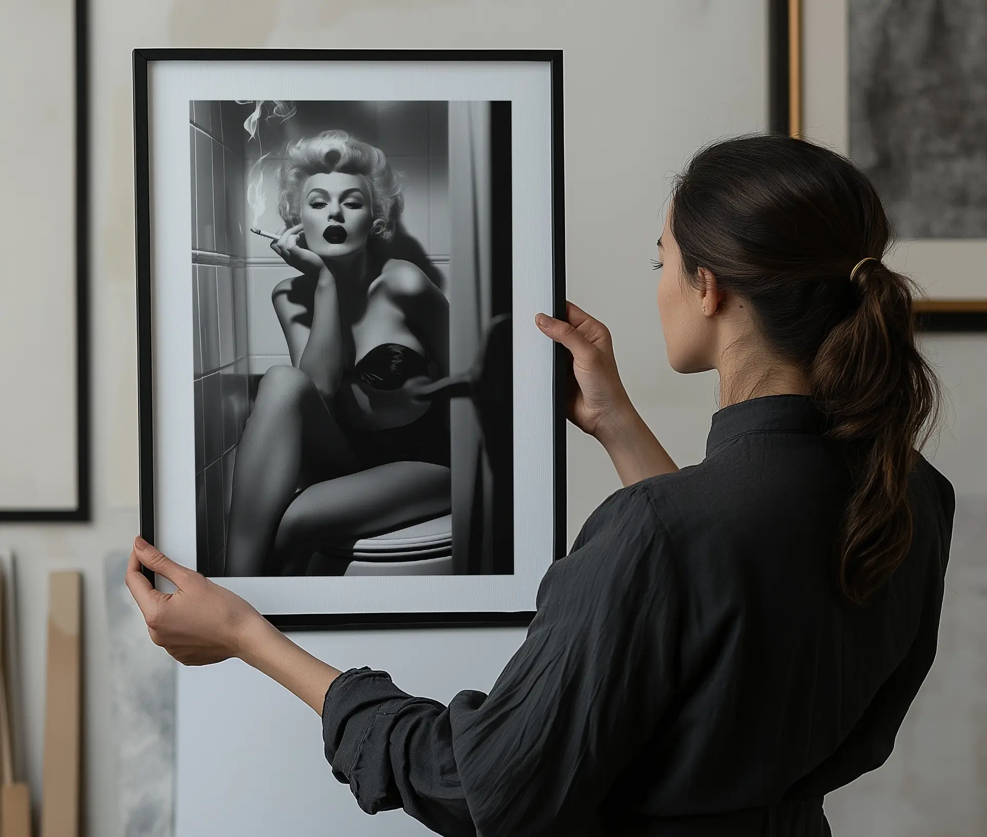 Kvinde holder sort/hvid plakat med pin-up motiv