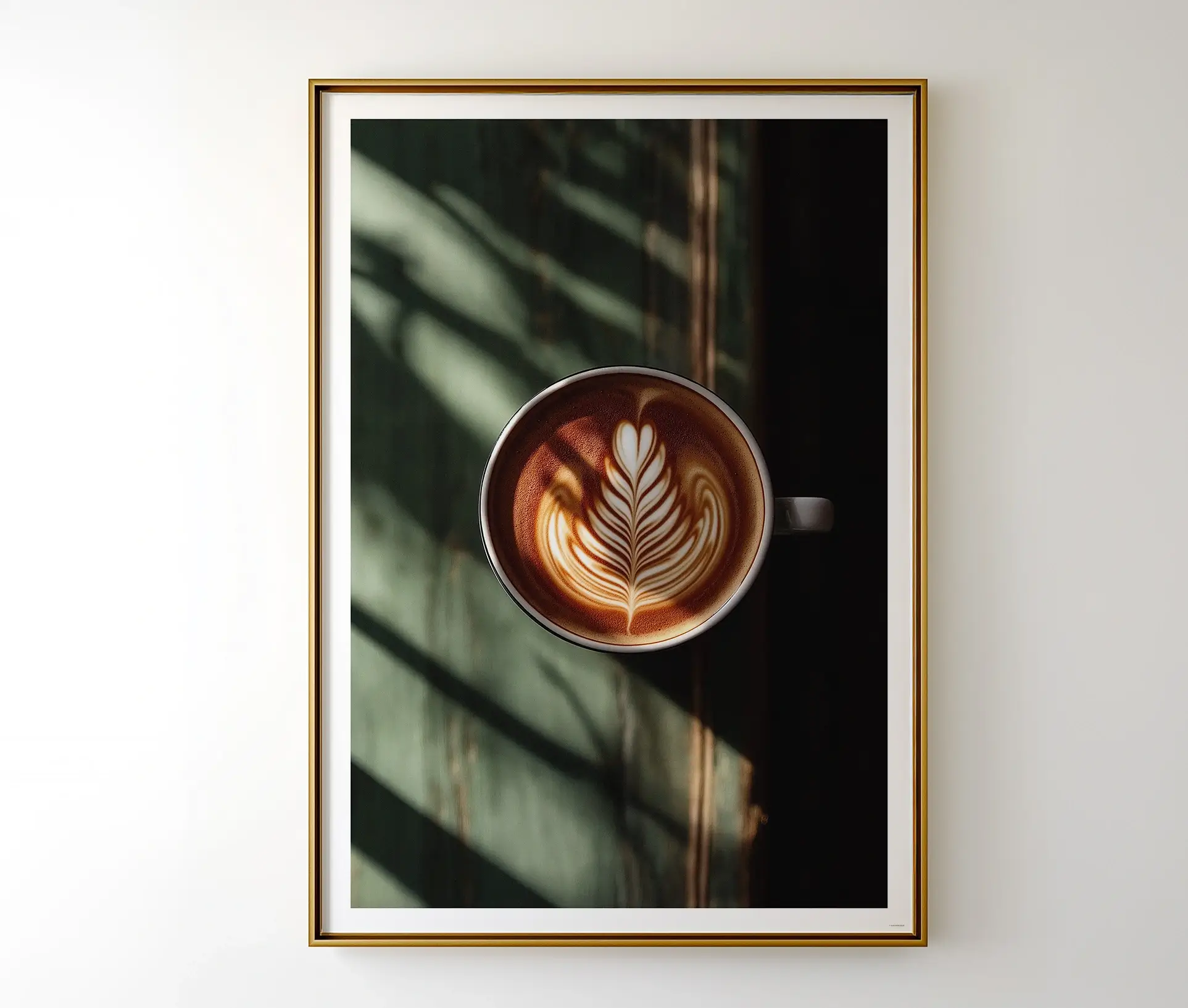 Plakat med cappuccino og latte art set oppefra
