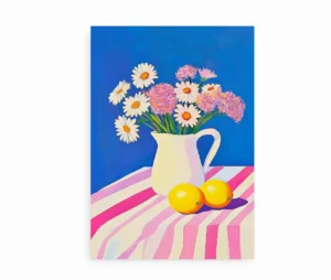 Ikke indrammet plakat med kande med blomster og to citroner