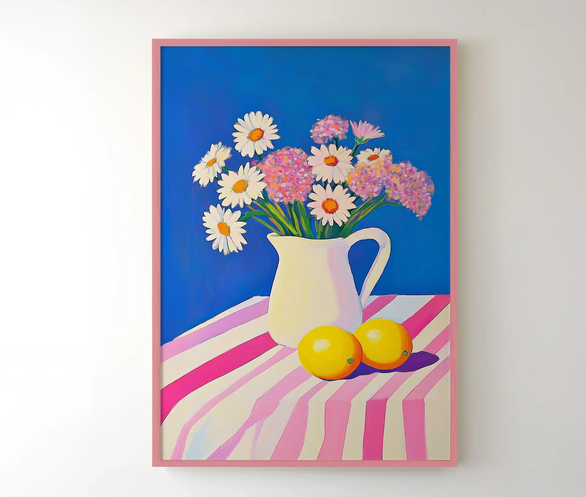 Plakat med blomster i kande og citroner på stribet dug
