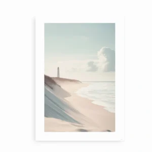 Plakat med fyrtårn og strandlandskab i lyse nordiske farver