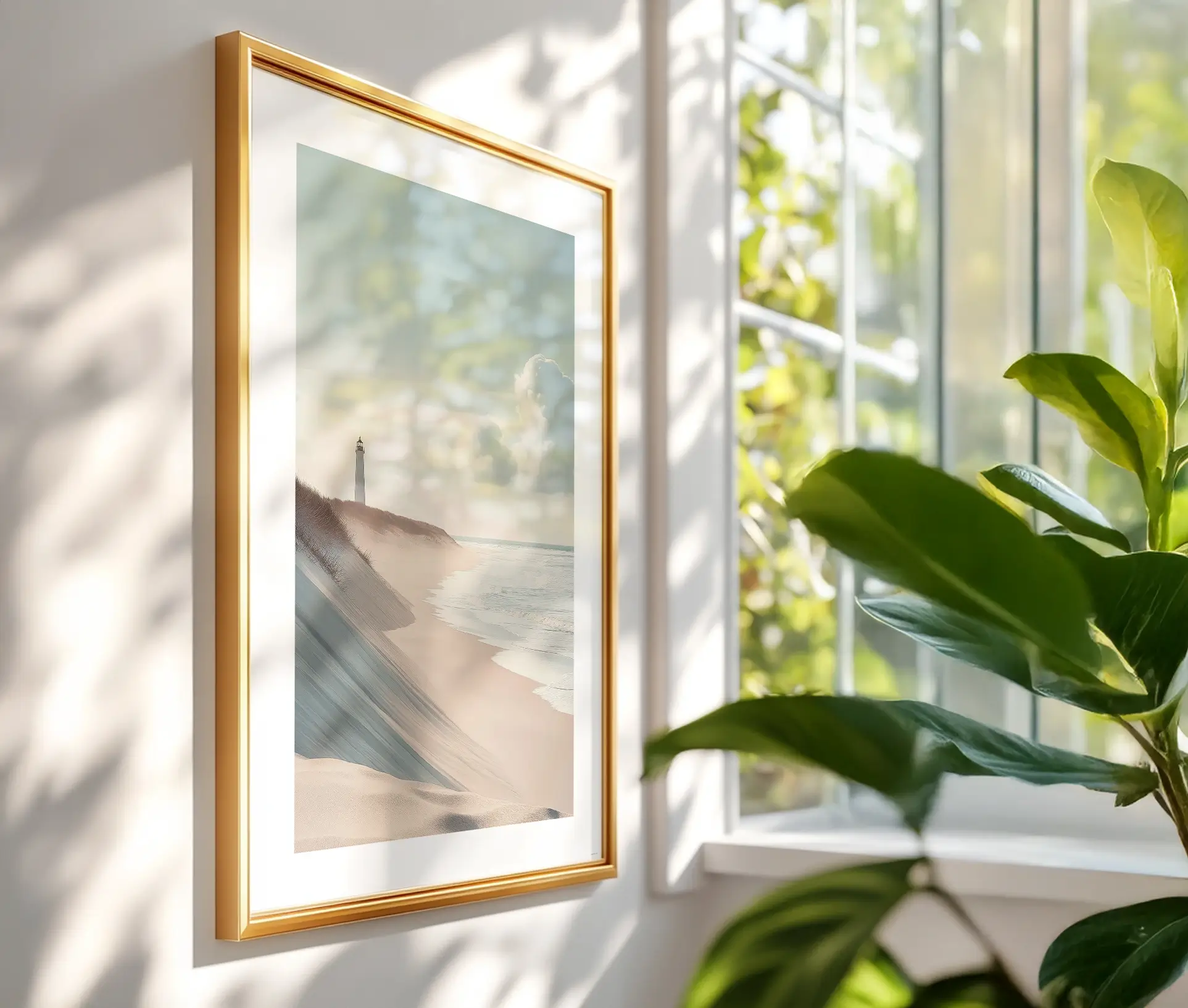 Plakat med fyrtårn og havudsigt i gylden ramme