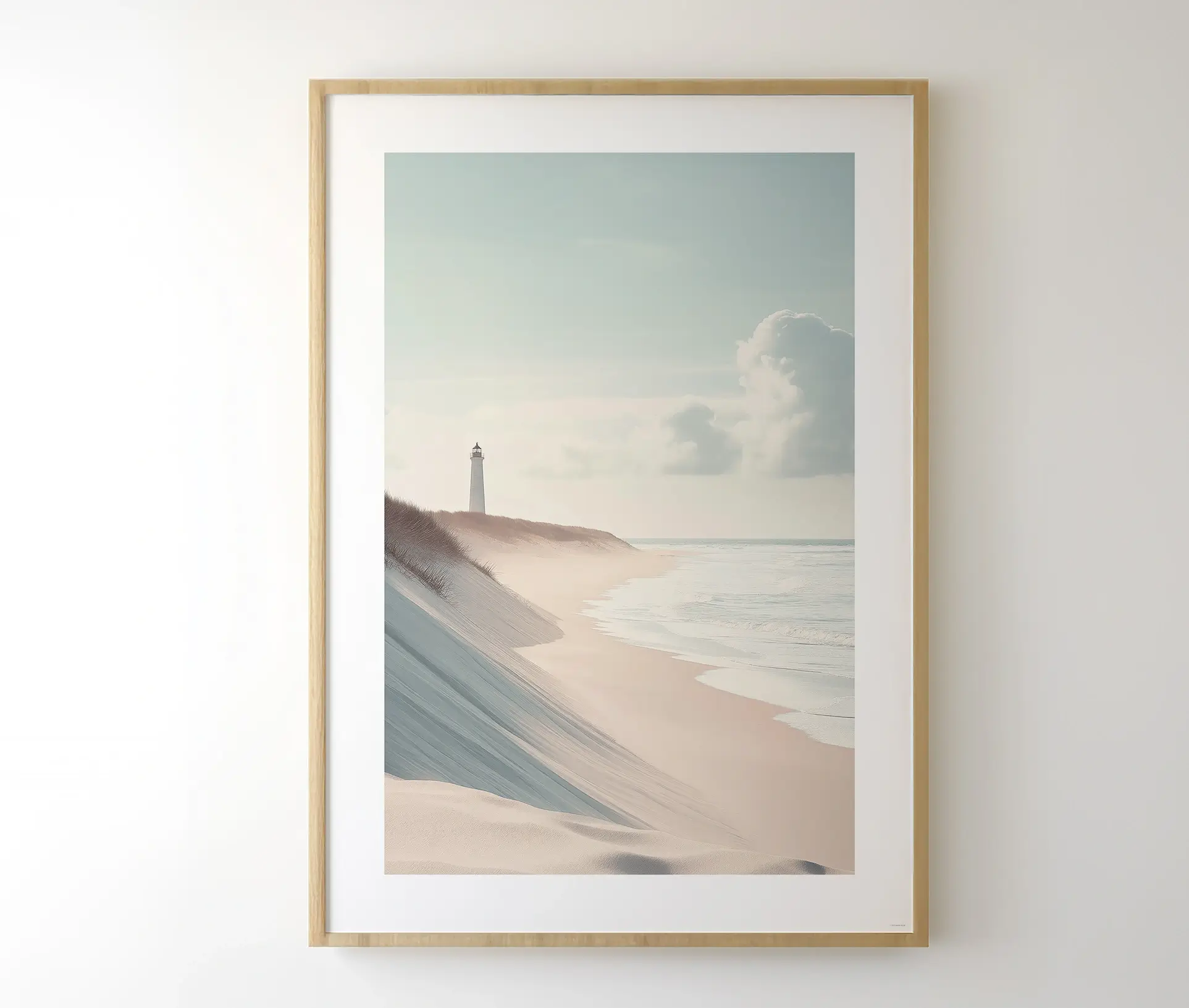 Indrammet plakat med fyrtårn og strandmotiv