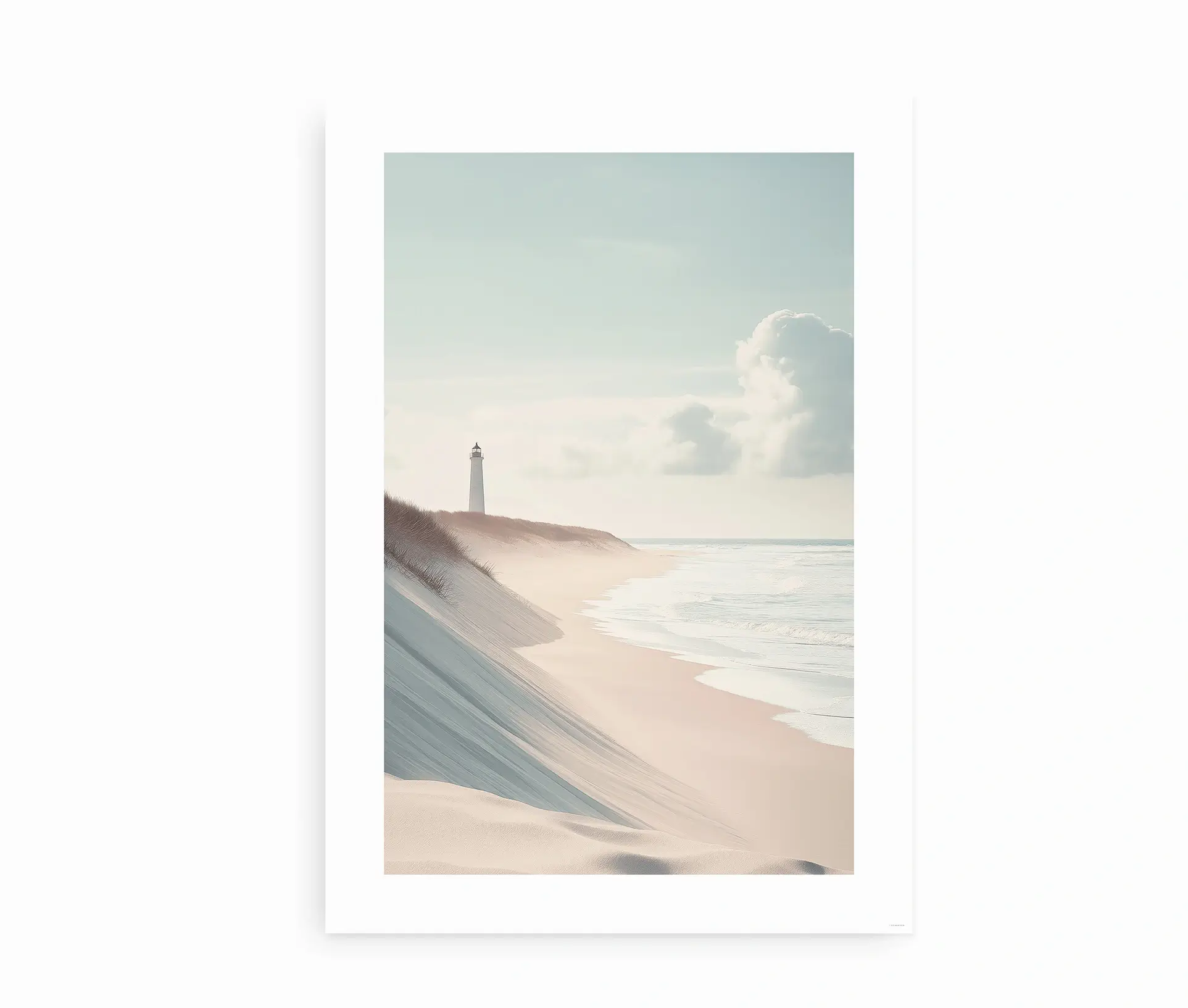 Plakat med fyrtårn og strandlandskab i lyse nordiske farver