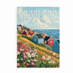 Ikke indrammet plakat med Grønlands bygder og blomster