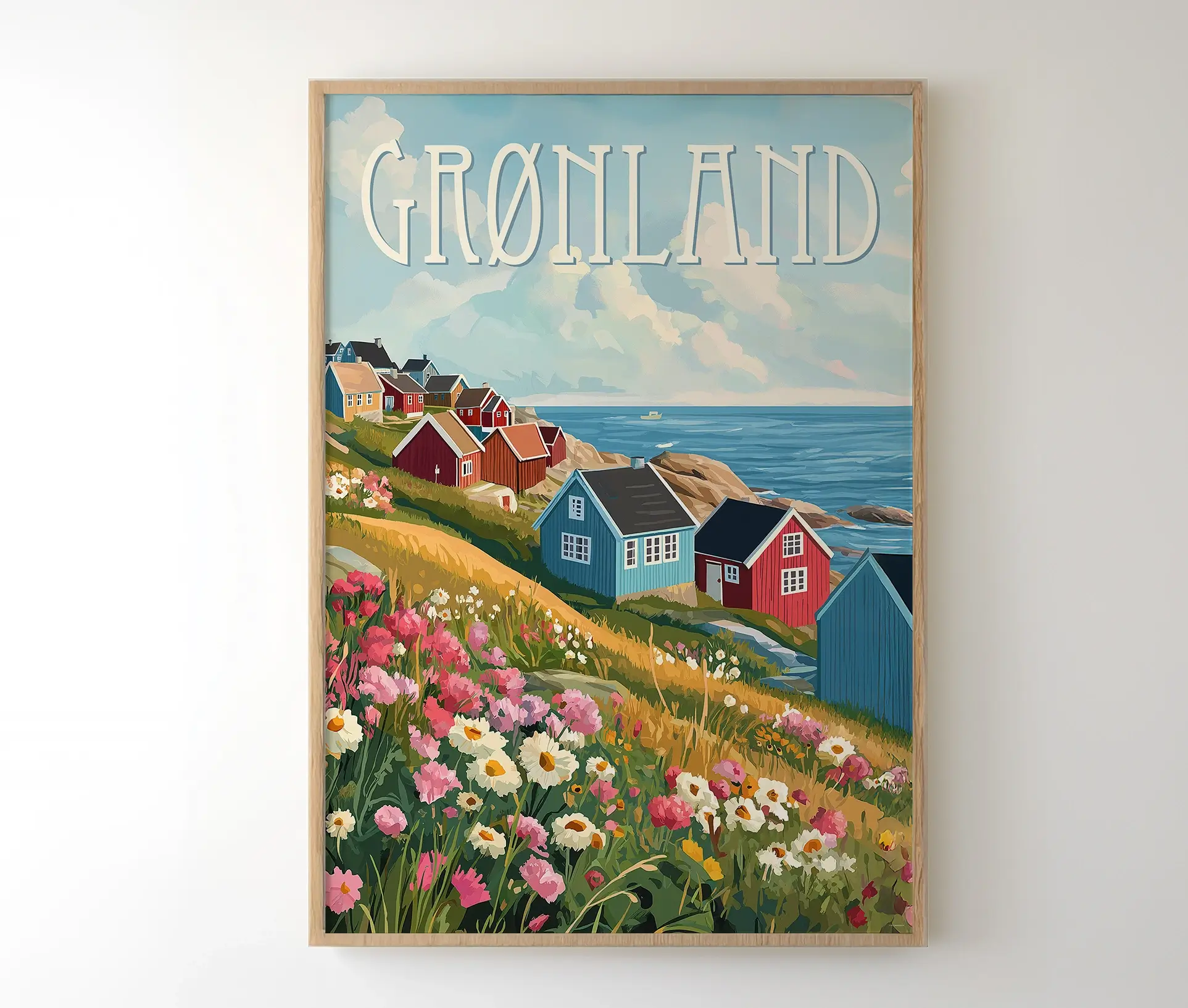 Plakat med grønlandske bygder og vilde blomster ved havet