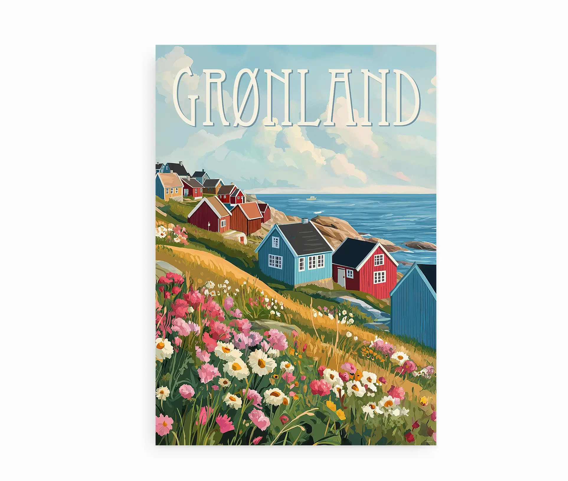 Ikke indrammet plakat med Grønlands bygder og blomster