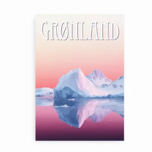 Ikke indrammet plakat med isbjerge og bjerglandskab i Grønland