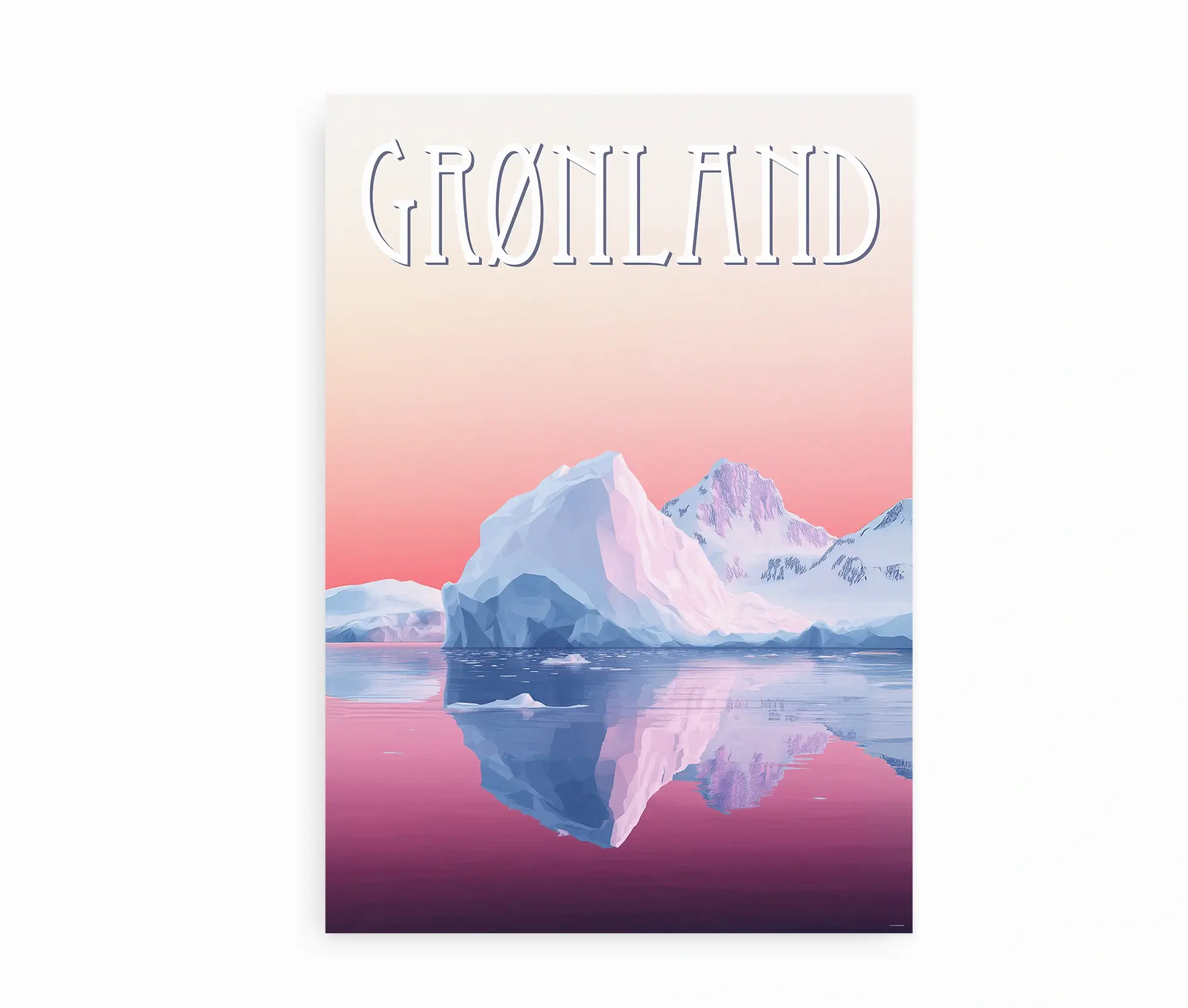 Ikke indrammet plakat med isbjerge og bjerglandskab i Grønland