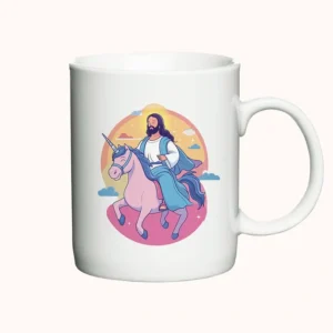 Krus med farverigt motiv af Jesus ridende på en enhjørning