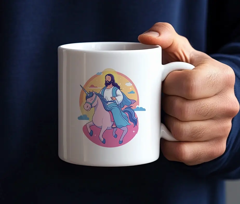 Person holder krus med motiv af Jesus på enhjørning