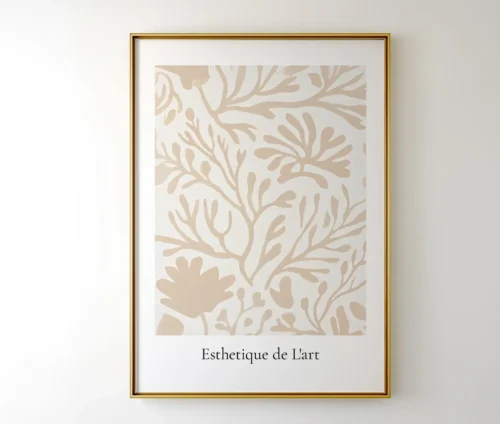 Indrammet kunstplakat med botaniske elementer og fransk tekst