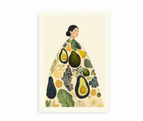 Plakat med kvinde iført kjole dekoreret med avocado og grøntsager