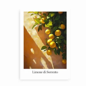 Fritlagt plakat med citroner, grønne blade og teksten "Limone di Sorrento"