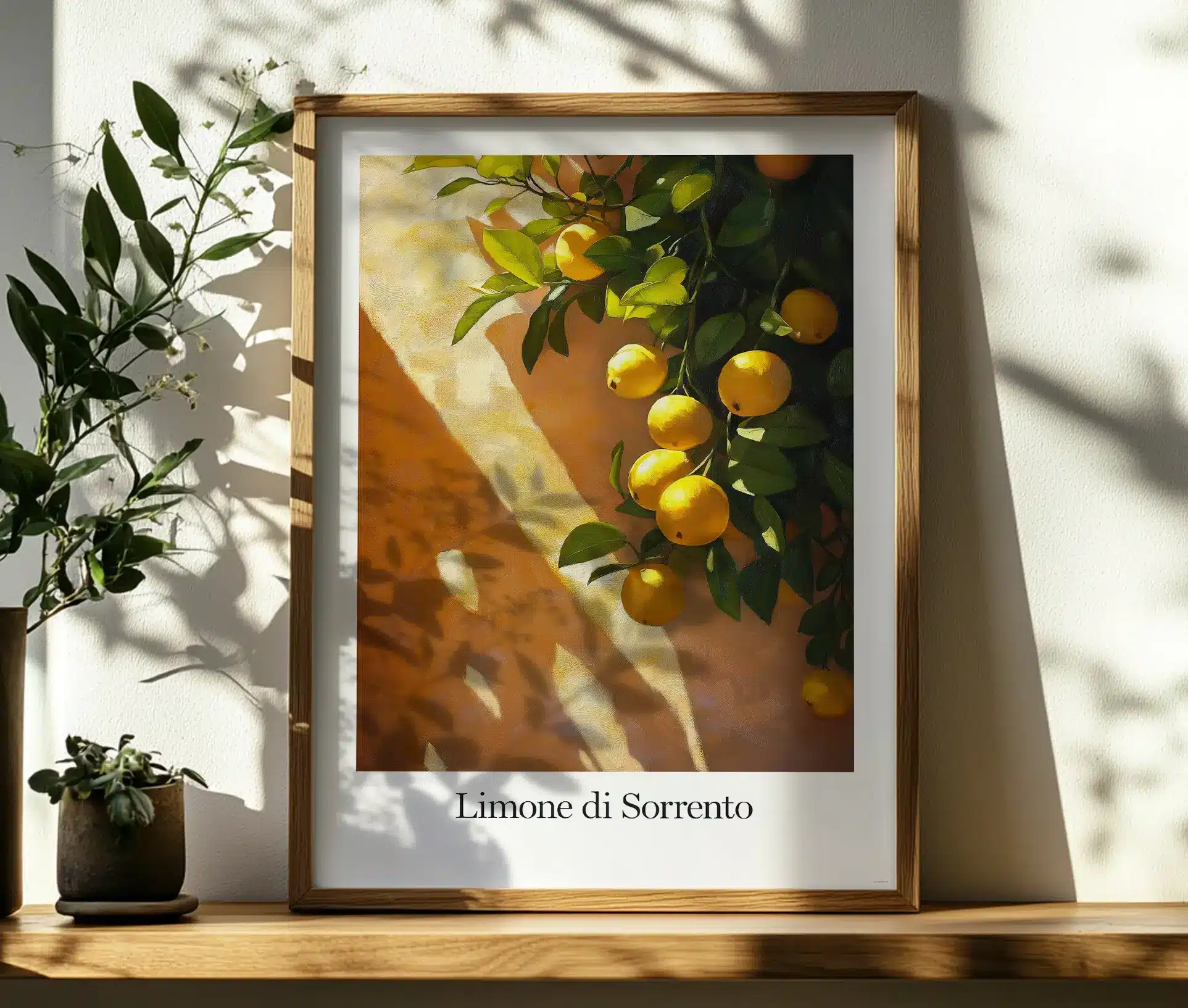 Plakat med citroner og grønne blade i træramme med teksten "Limone di Sorrento"