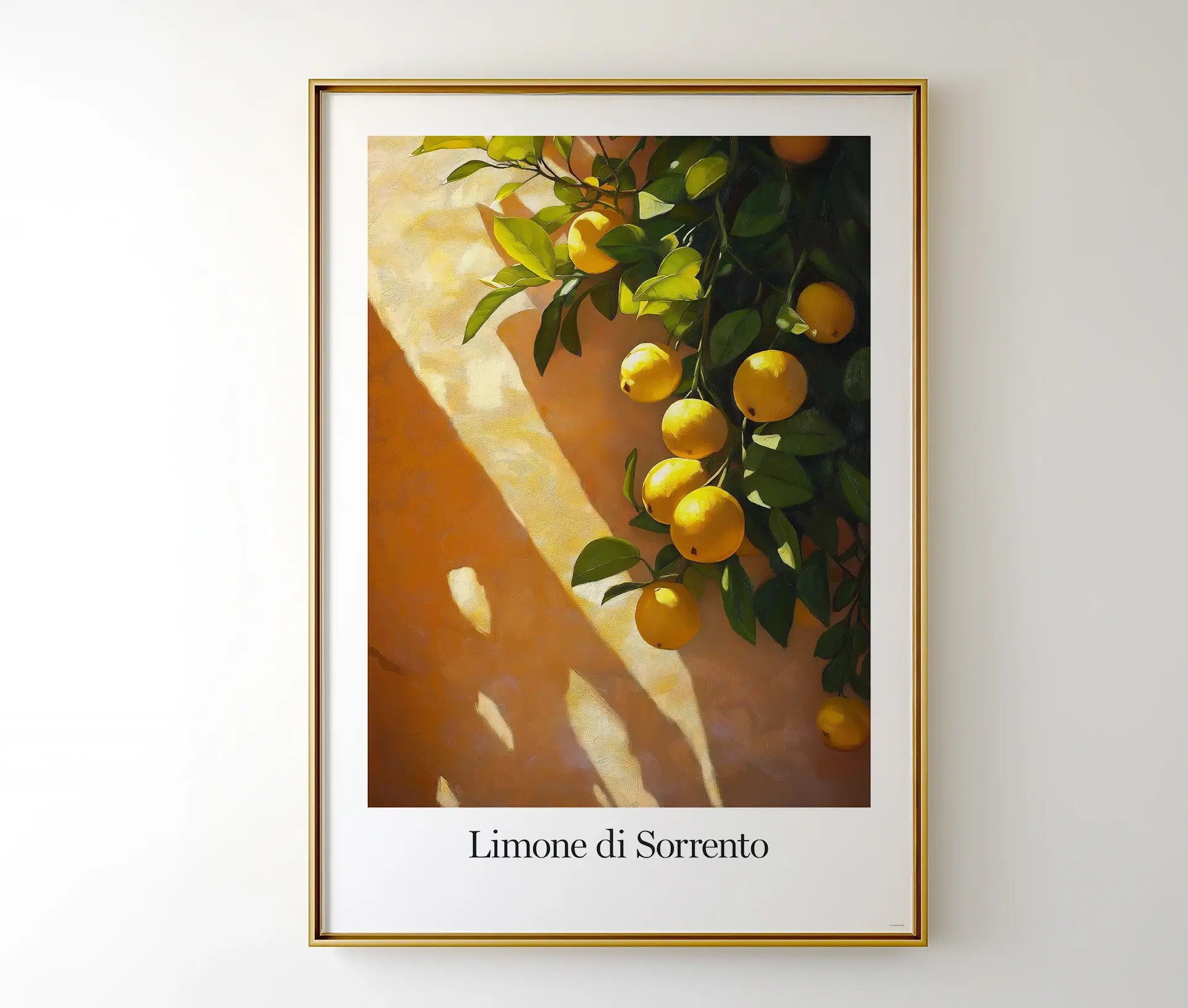 Citronplakat i gylden ramme med teksten "Limone di Sorrento"