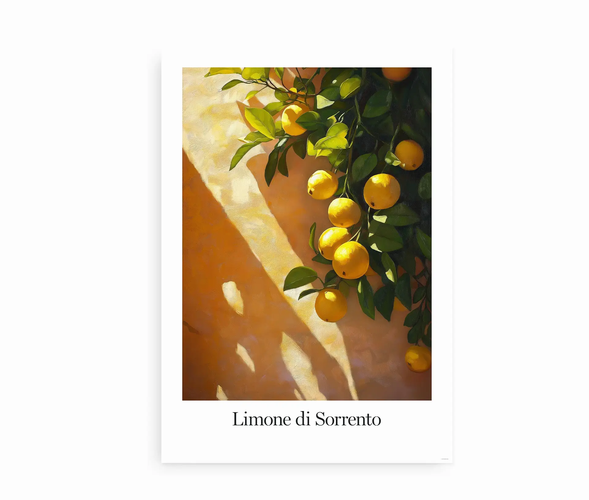Fritlagt plakat med citroner, grønne blade og teksten "Limone di Sorrento"