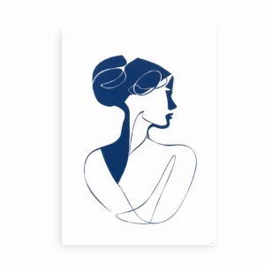 Kunstplakat med blå minimalistisk kvindesilhuet i line art