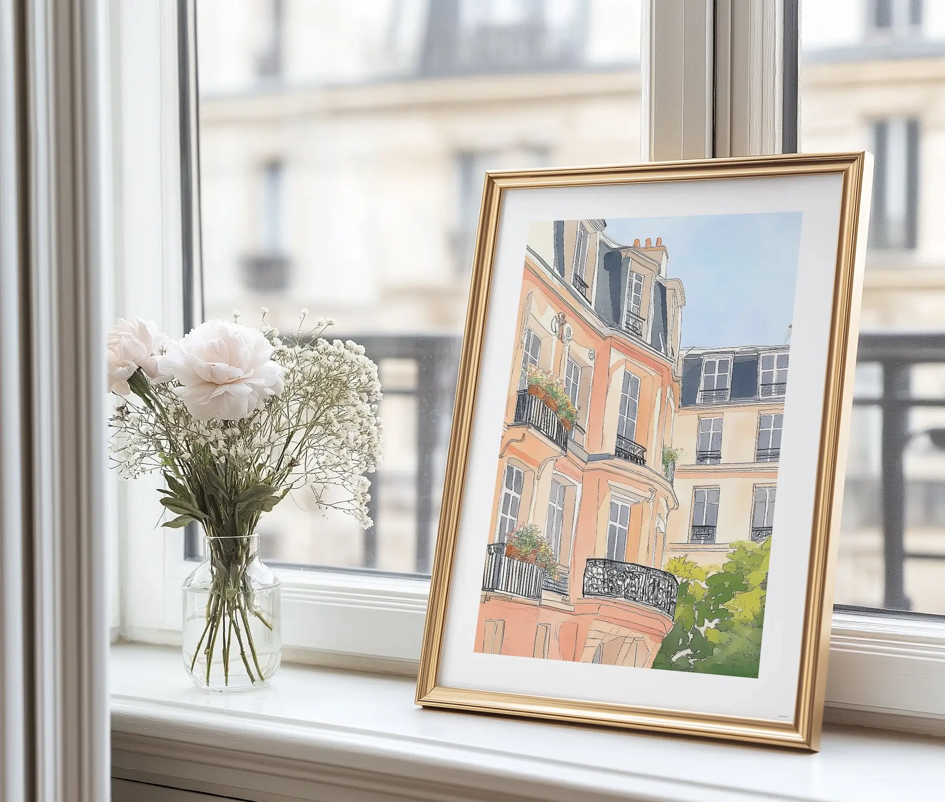 Plakat med pariserbygning og altaner