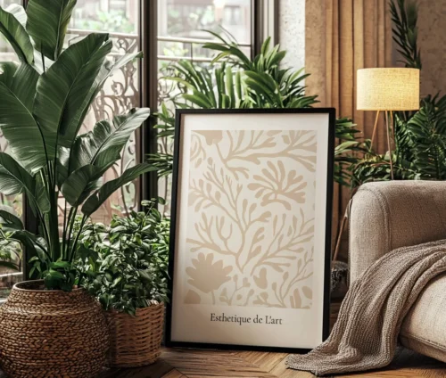 Esthetique de L’art plakat lænet mod væg omgivet af grønne planter