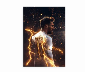 Plakat med fodboldspiller i hvid trøje og navnet Messi omgivet af lyn