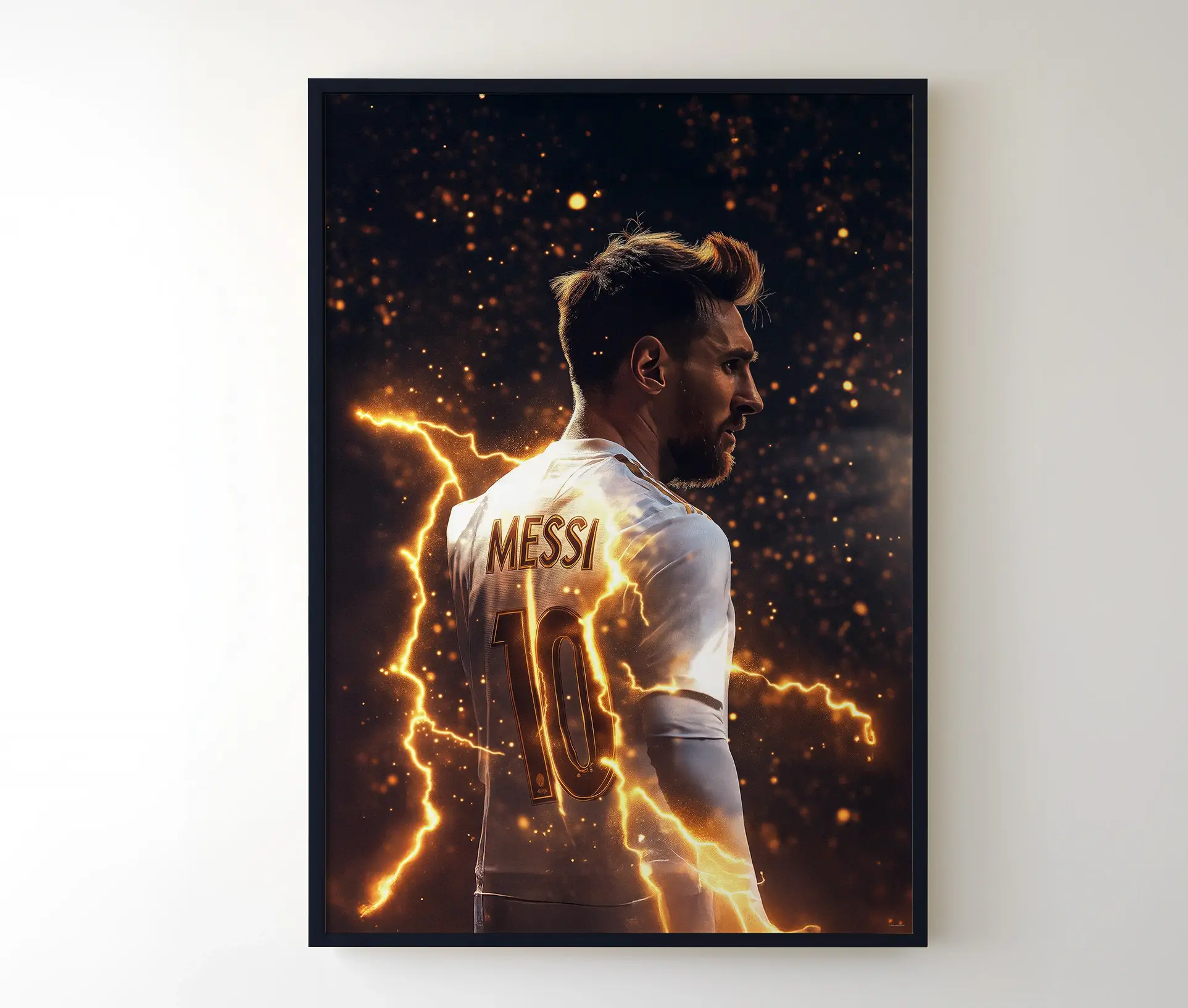 Indrammet Messi plakat med nummer 10 og gyldne lyneffekter