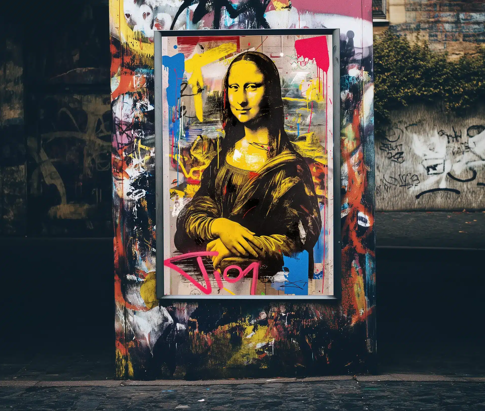 Mona Lisa graffiti plakat udstillet i urban gadeindretning