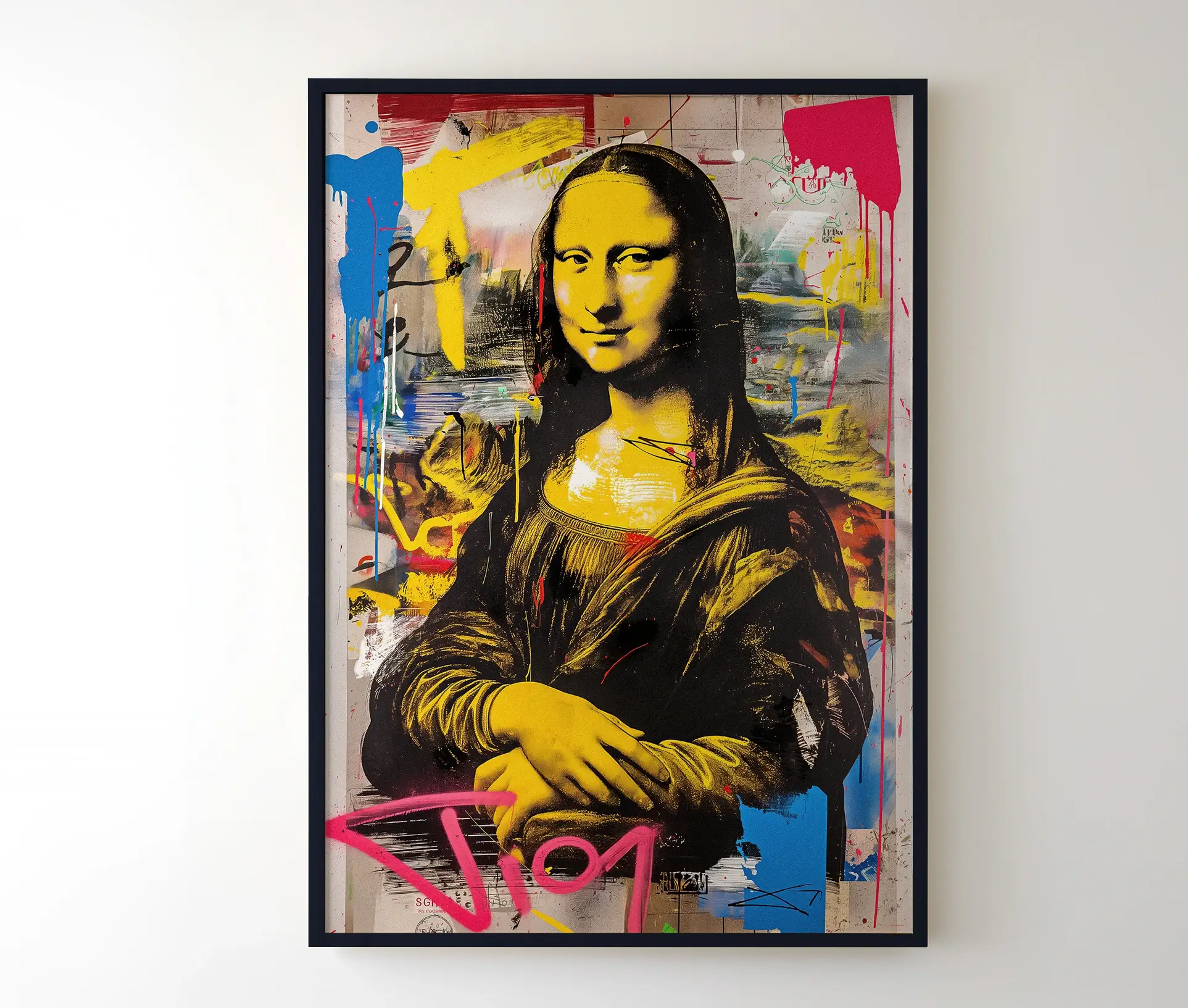 Indrammet plakat med graffiti-Mona Lisa i sort ramme