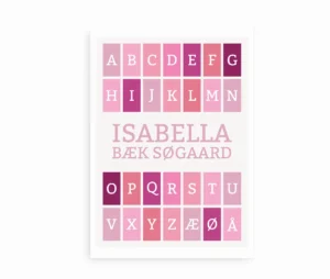 Personlig navneplakat med alfabet og lyserøde nuancer
