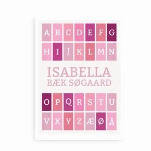 Personlig navneplakat med alfabet og lyserøde nuancer
