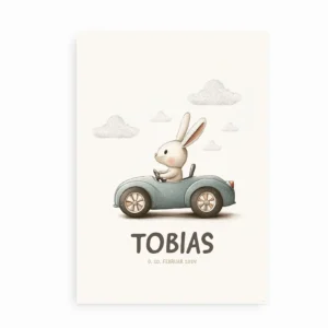 Navneplakat med kanin i bil og barnets navn
