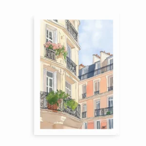 Fritlagt plakat med illustration af parisiske altaner og blomster