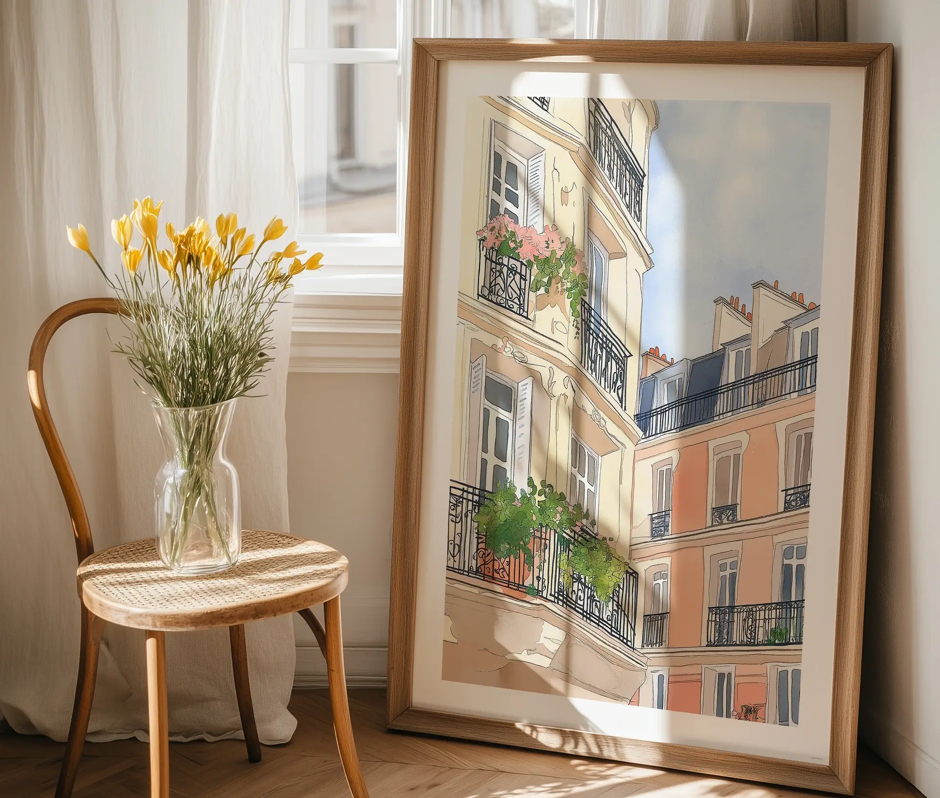 Plakat med parisisk byscene placeret op ad væg i træramme