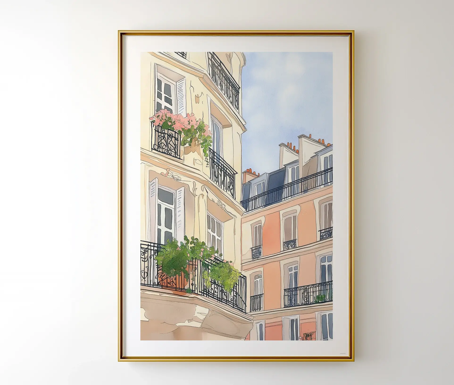 Indrammet plakat med parisiske altaner og byliv