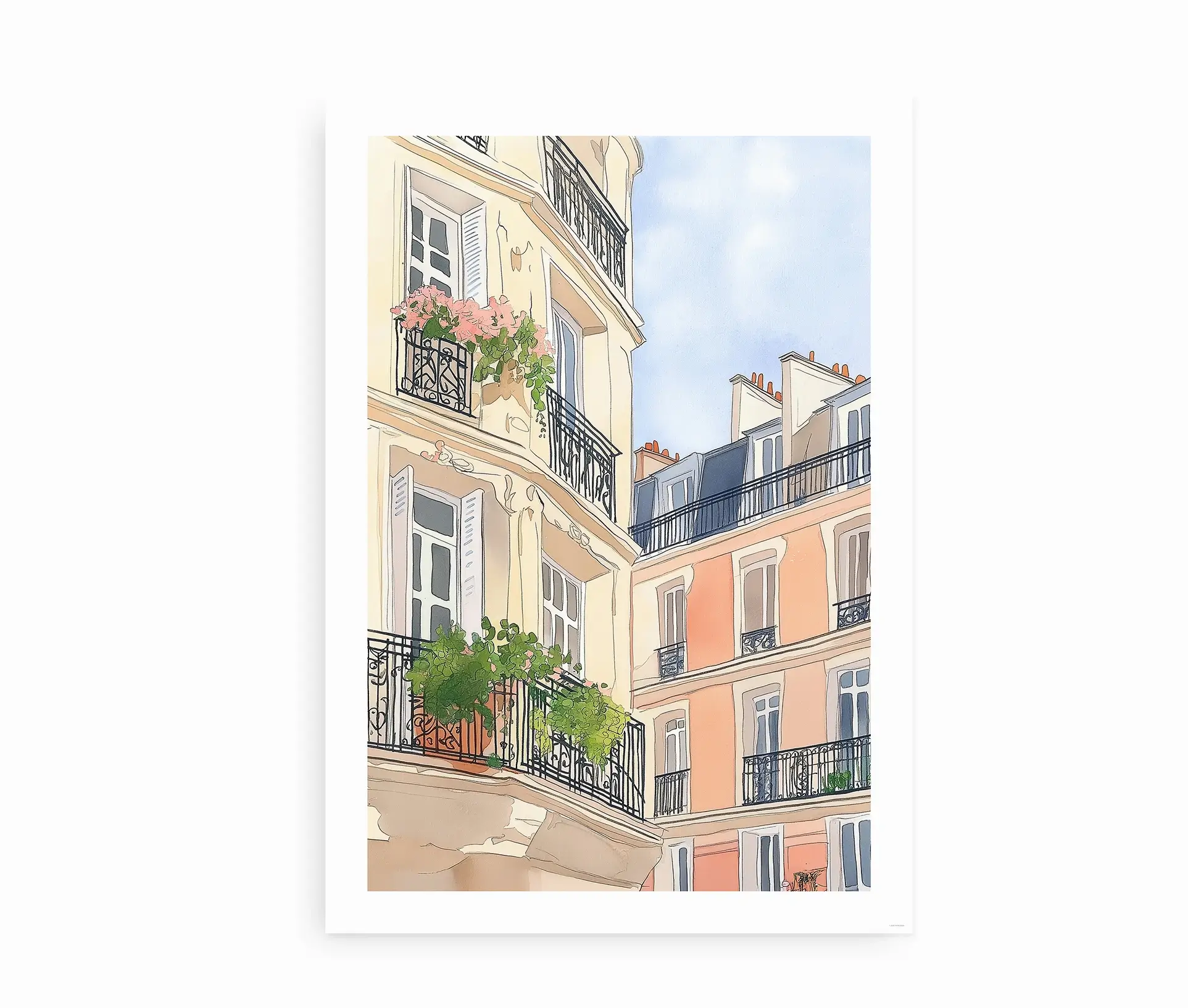 Fritlagt plakat med illustration af parisiske altaner og blomster