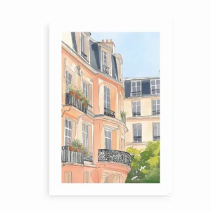 Plakat med illustration af klassisk parisisk bygning og altaner