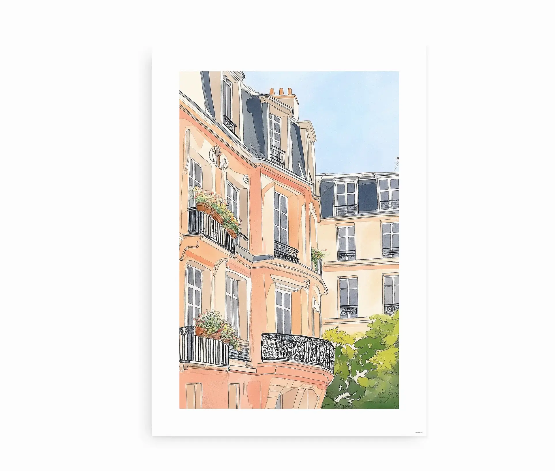 Plakat med illustration af klassisk parisisk bygning og altaner