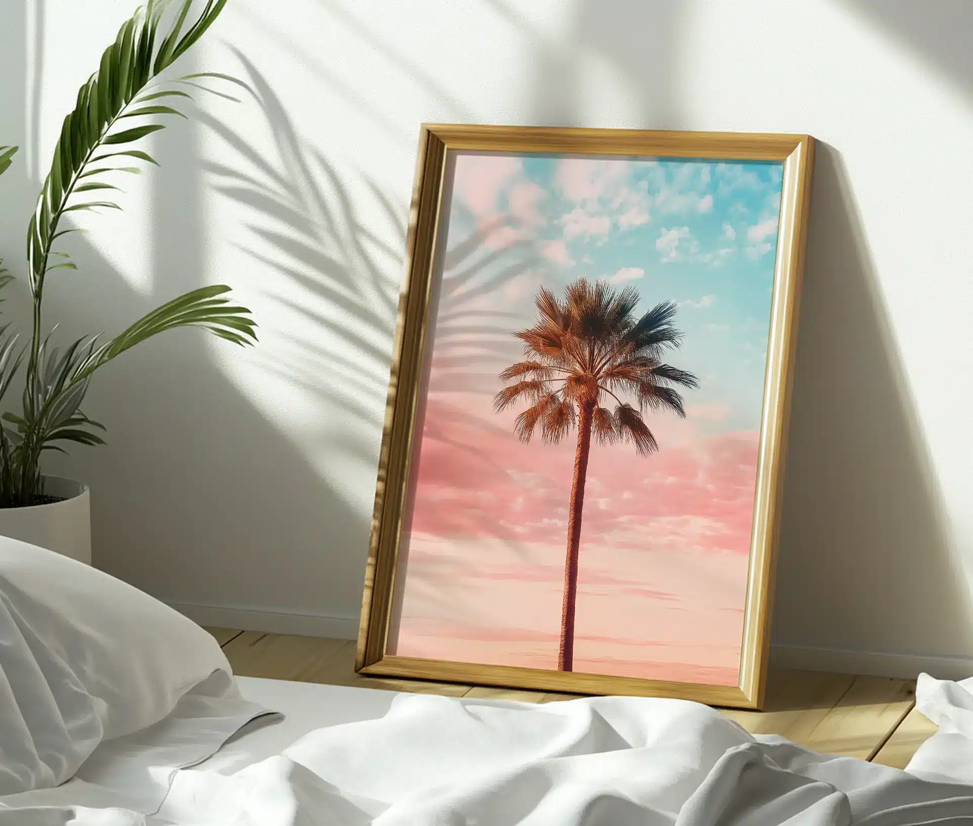 Plakat med palmetræ i pastelfarvet himmel