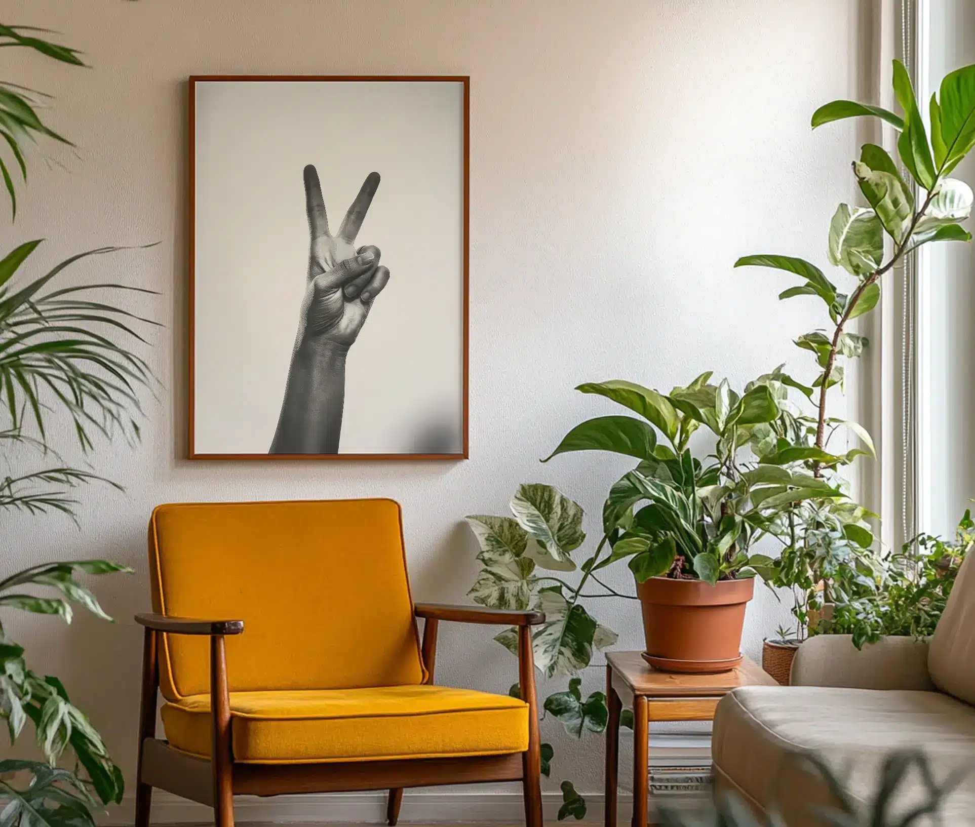 Sort-hvid plakat med fredstegn hænger i interiør fyldt med planter