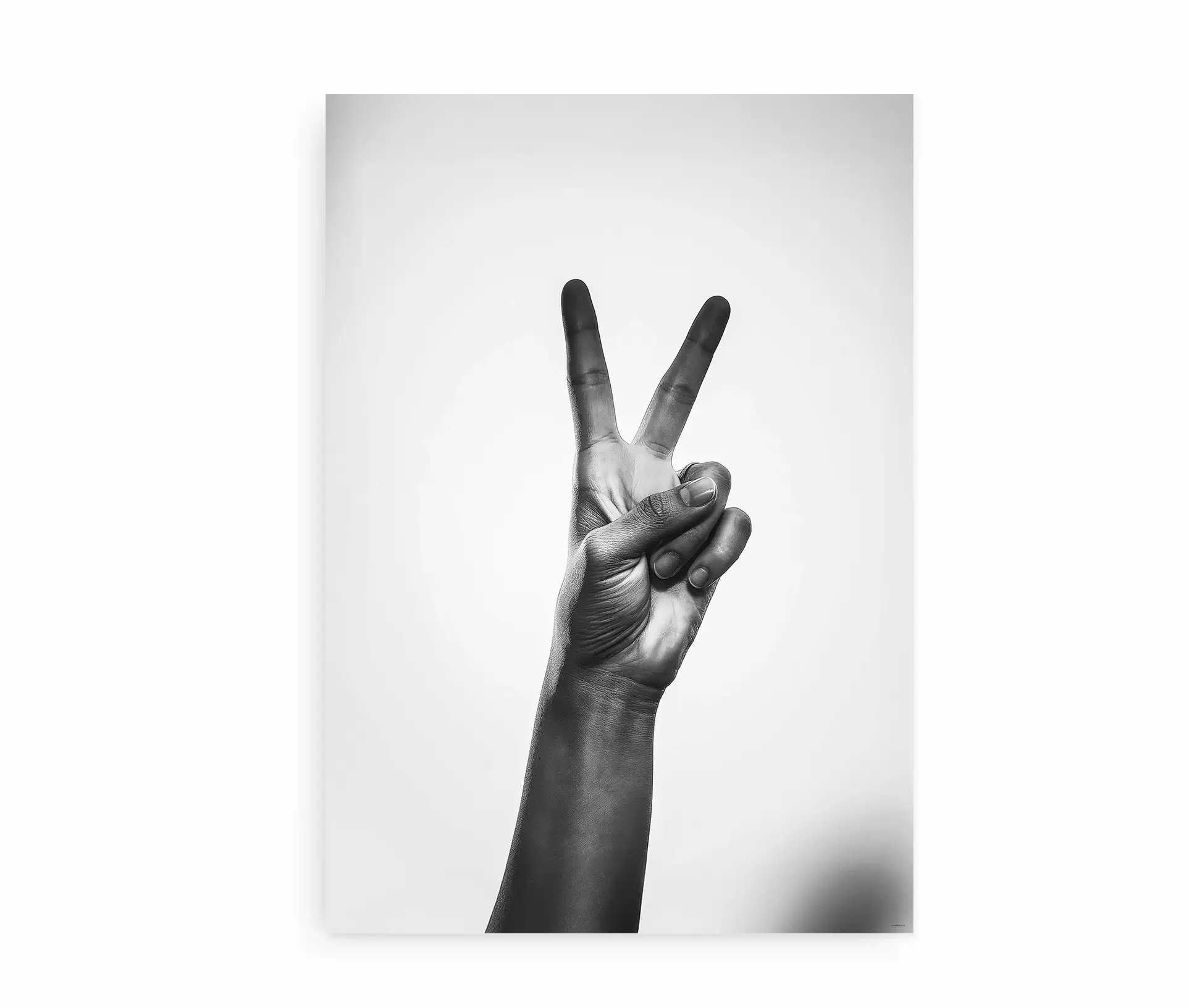 Sort-hvid fotoplakat af en hånd, der laver fredstegn