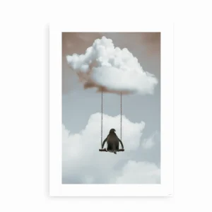 Plakat med pingvin på gynge ophængt i en sky