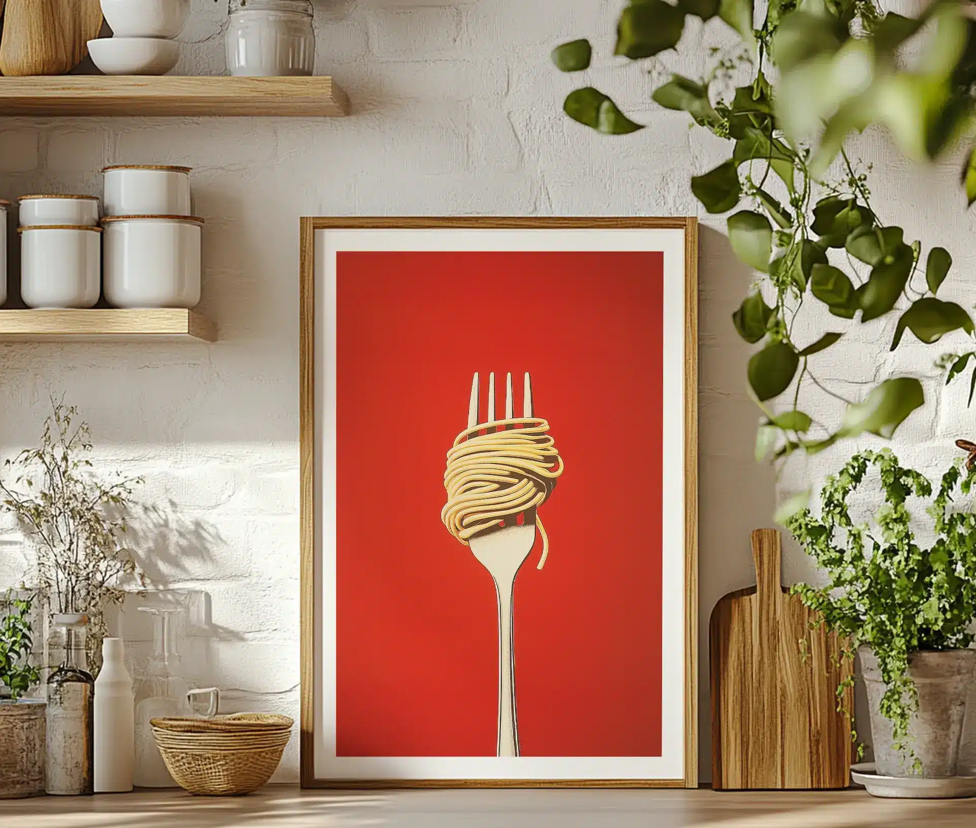 Pasta plakat stående i køkken omgivet af krydderurter og køkkentilbehør