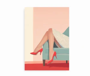 Plakat med ben i polkaprikket kjole og røde stiletter