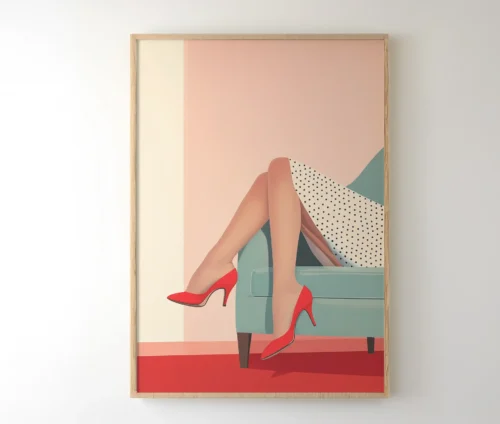 Indrammet plakat med retroinspireret kvindemotiv og røde hæle